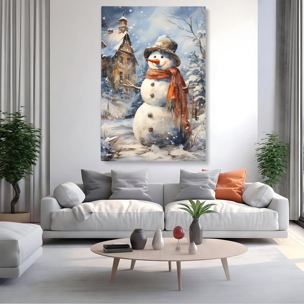Tablou canvas cu tablou canvas cu om de zapada, fara rama, pe sasiu de lemn, pe perete intr-un living